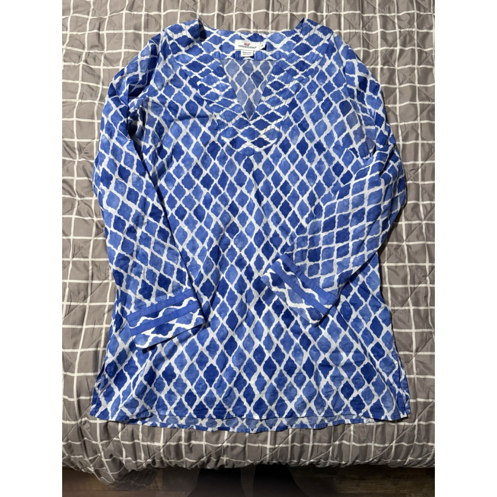 Vineyard Vines Women’s M Blue White V-Neck Tunic Cotton Top
